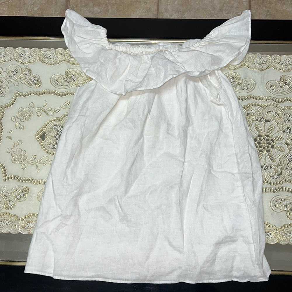 J. Crew white linen ruffled off the shoulder blouse
